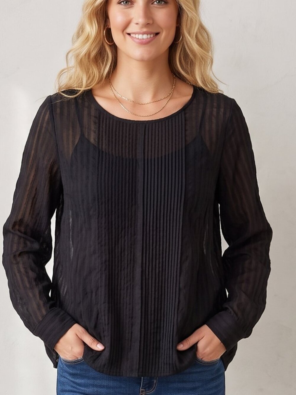 Halogen Black Cotton Long Sleeve Blouse Top Shirt Pleated Office Button up Large